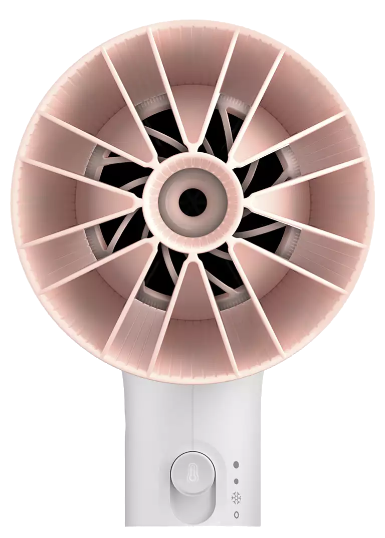 Kézi ventilátor: rózsaszín és fehér, kör alakú design, látható ventilátorlapátok.