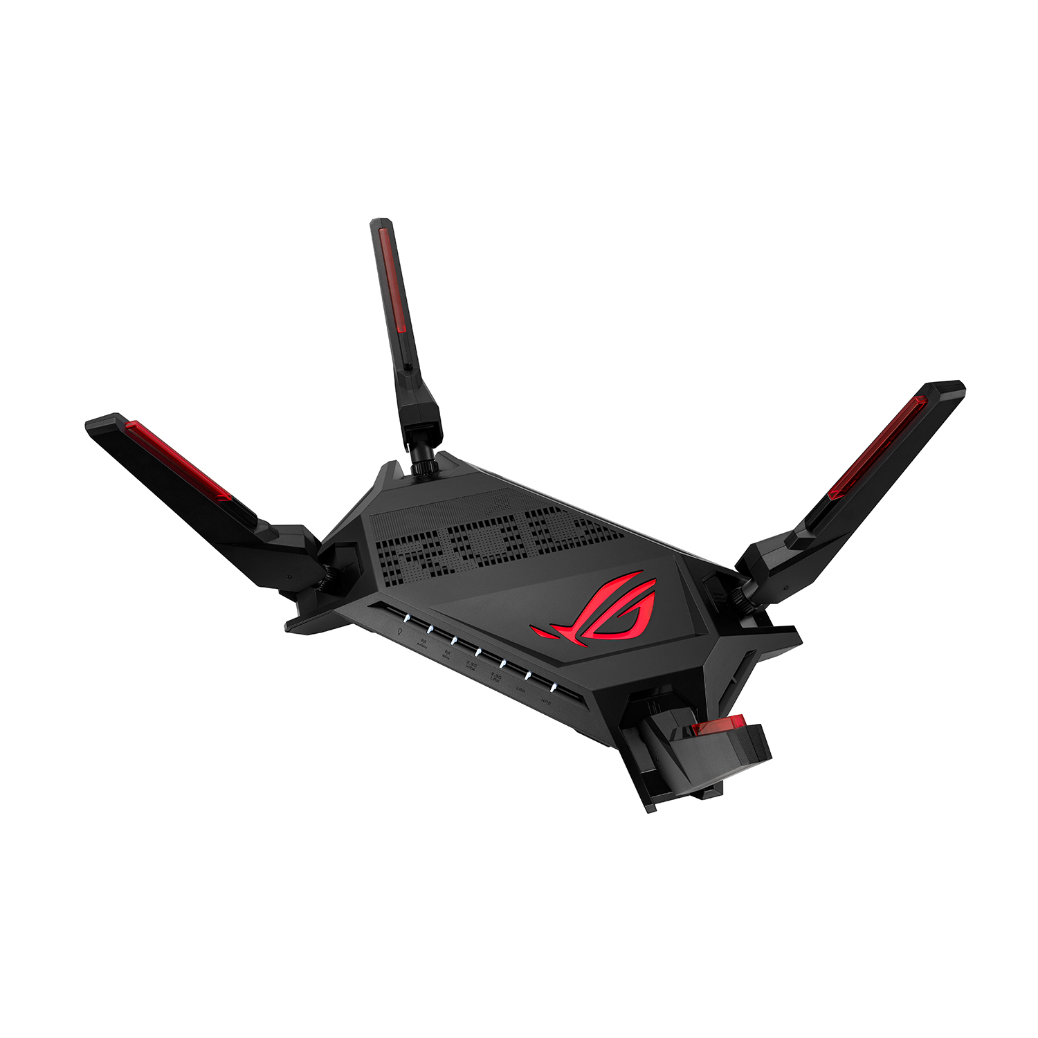 Router gaming nero con antenne. Logo e accenti rossi. Sfondo bianco.