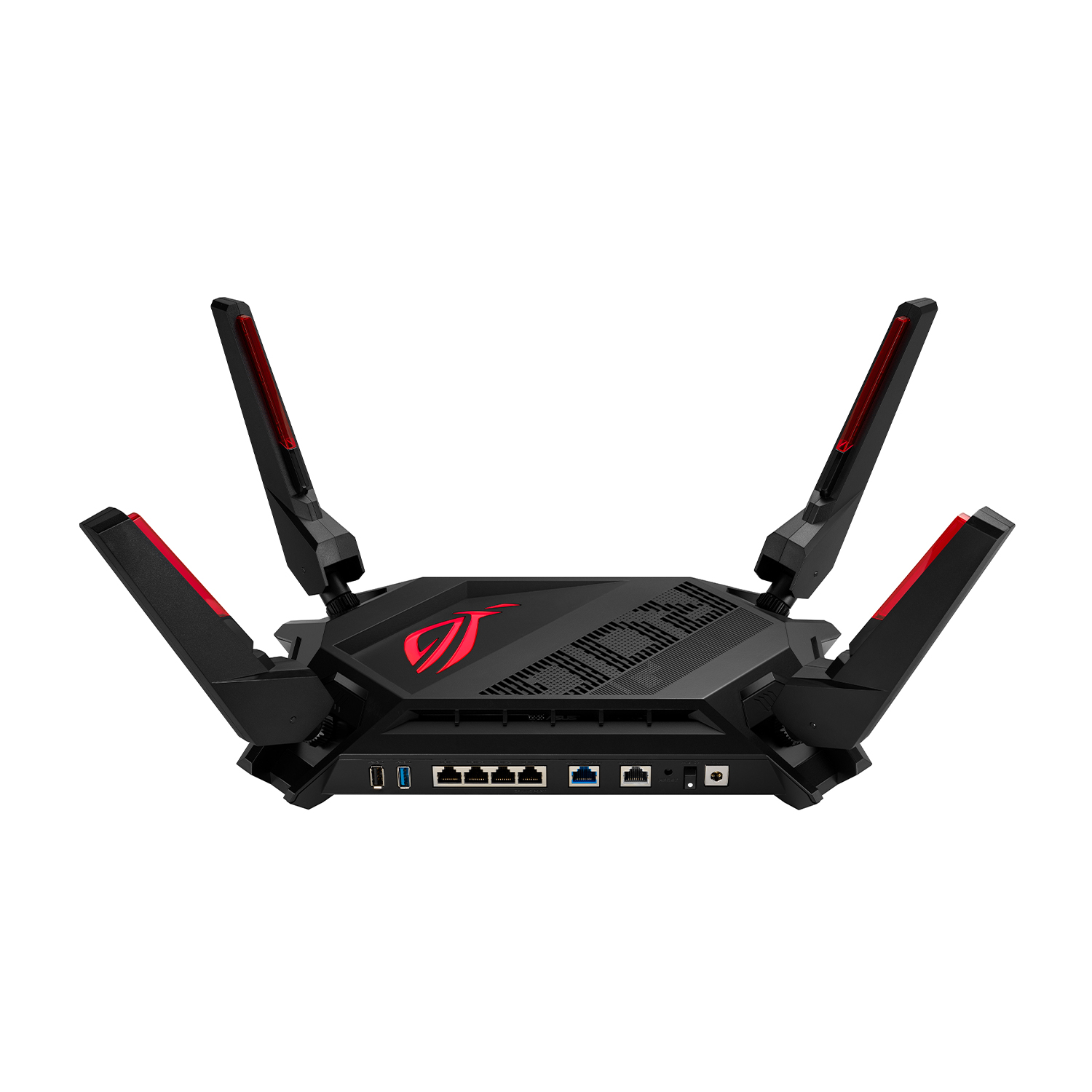 Router nero con dettagli rossi e quattro antenne rivolte verso l'esterno.