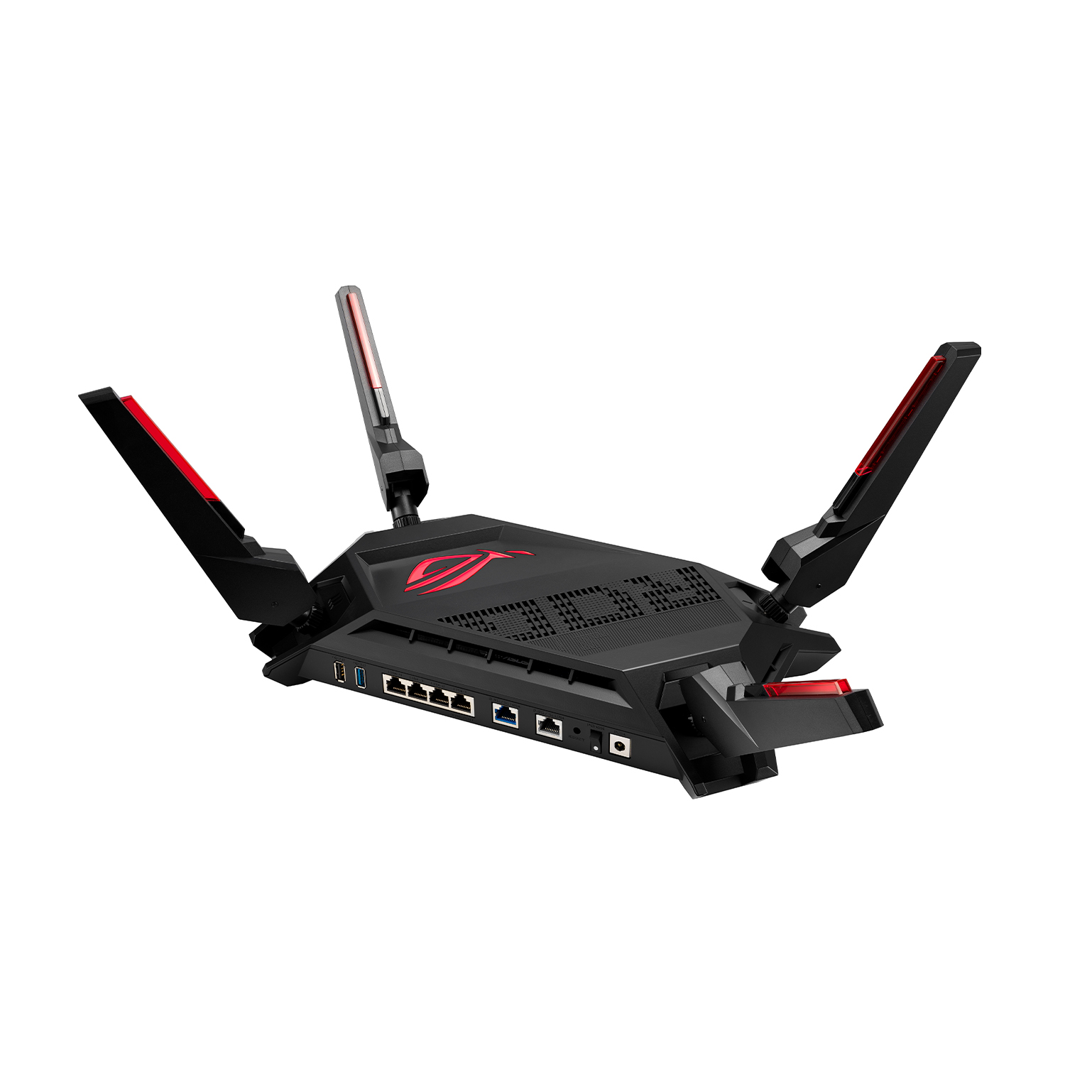 Router ROG nero con tre antenne. Ha dettagli rossi e porte sul retro. È angolato verso l'alto.
