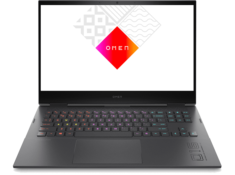 Portátil negro con teclado colorido y el logotipo OMEN en la pantalla.