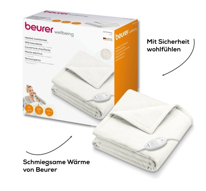 Coperta elettrica Beurer nella sua scatola. Coperta bianca con telecomando.