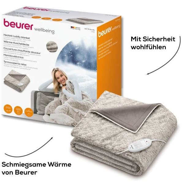 Couverture douillette chauffante avec un panneau de commande et une boîte. Une femme est montrée à côté.