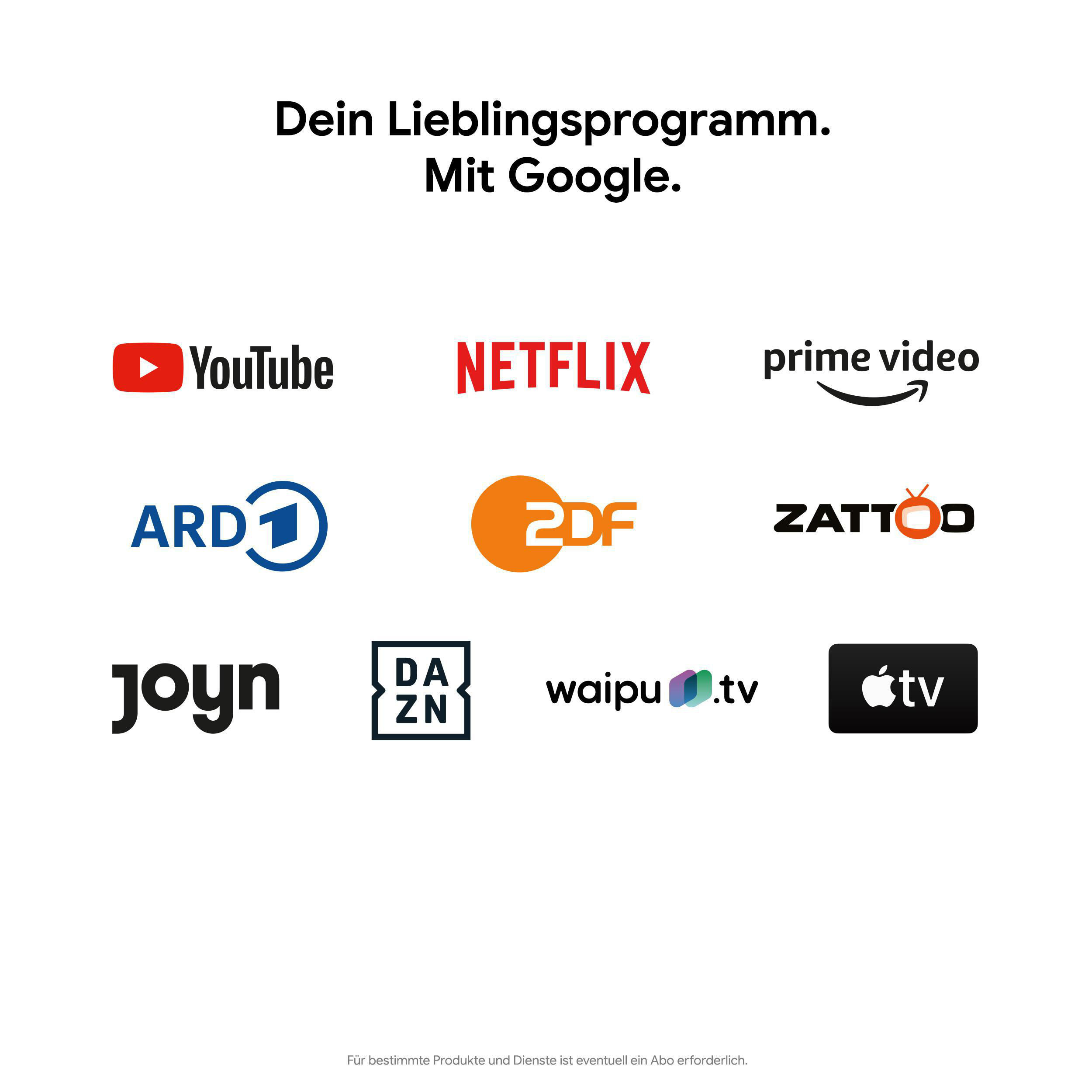 Logos verschiedener Streaming-Dienste, wie YouTube, Netflix und Amazon Prime, mit deutschem Text darüber.