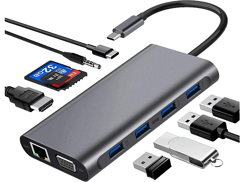 DAYTONA FC31 Type-C Usb-C To 4 Usb 3.0 HDMI VGA RJ45 Pd Aux Sd 11 in 1 Çevirici Gri