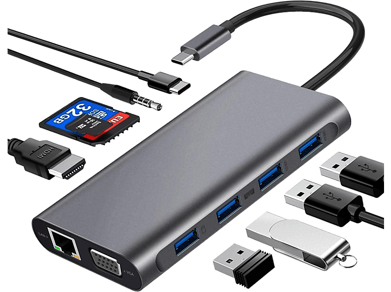 DAYTONA FC31 Type-C Usb-C To 4 Usb 3.0 HDMI VGA RJ45 Pd Aux Sd 11 in 1 Çevirici Gri_0
