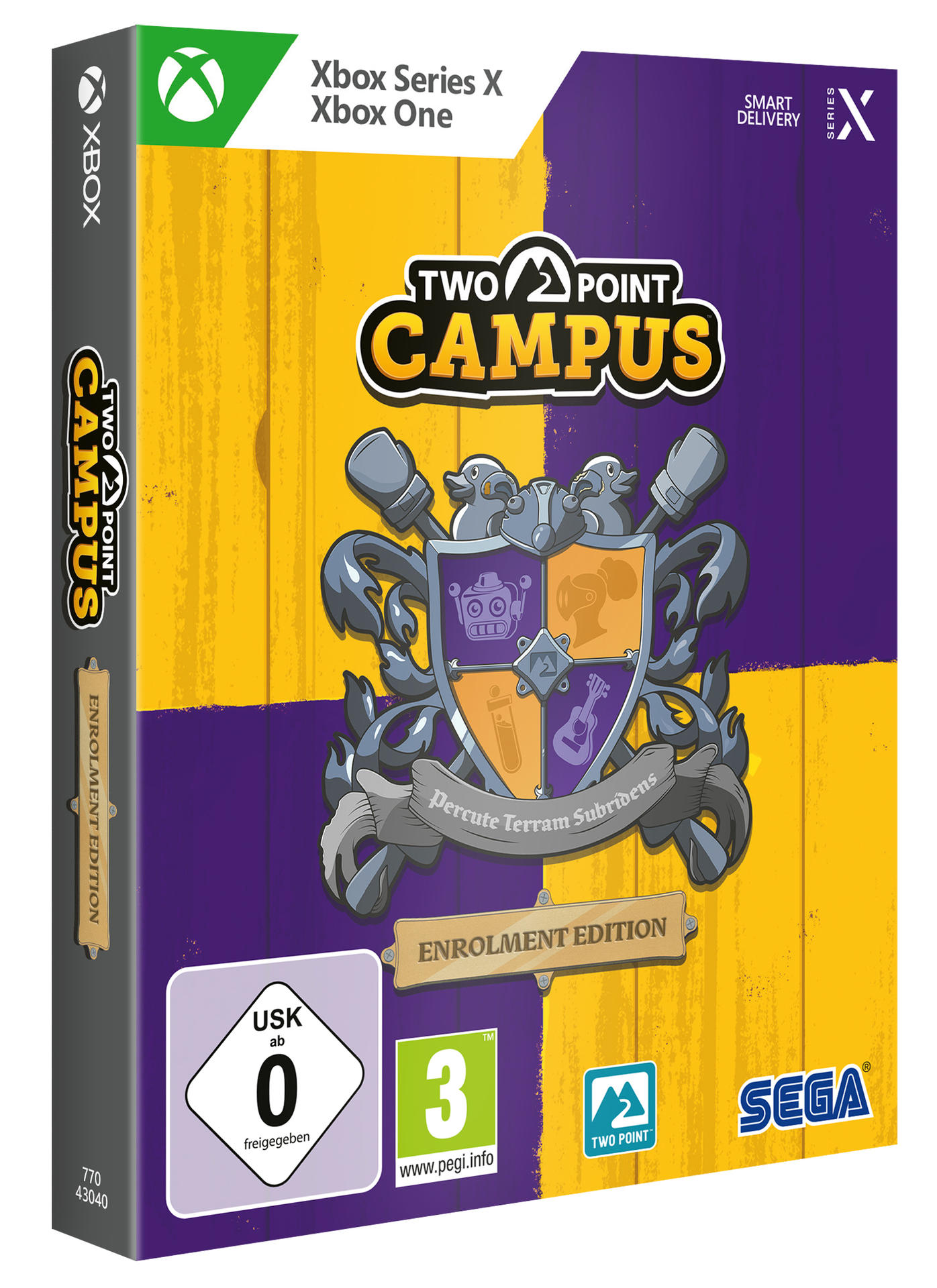 Xbox Series X/Xbox One Spielebox für Two Point Campus. Das Cover hat Charaktere und ein Logo.