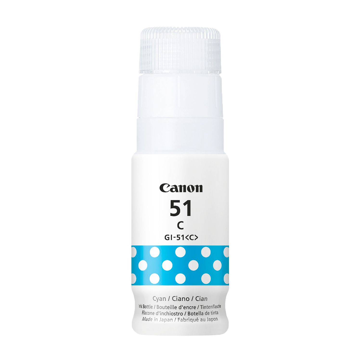 Flacone di inchiostro Canon bianco etichettato 51C, con un motivo a pois blu e bianco.