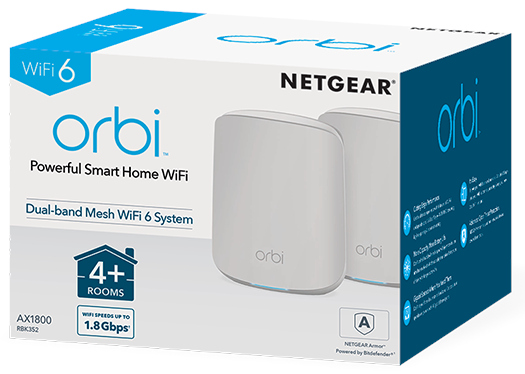 NETGEAR Système Multiroom Orbi Dual-Band WiFi 6 Mesh router AX1800 + 1 satellite (RBK352-100EUS)