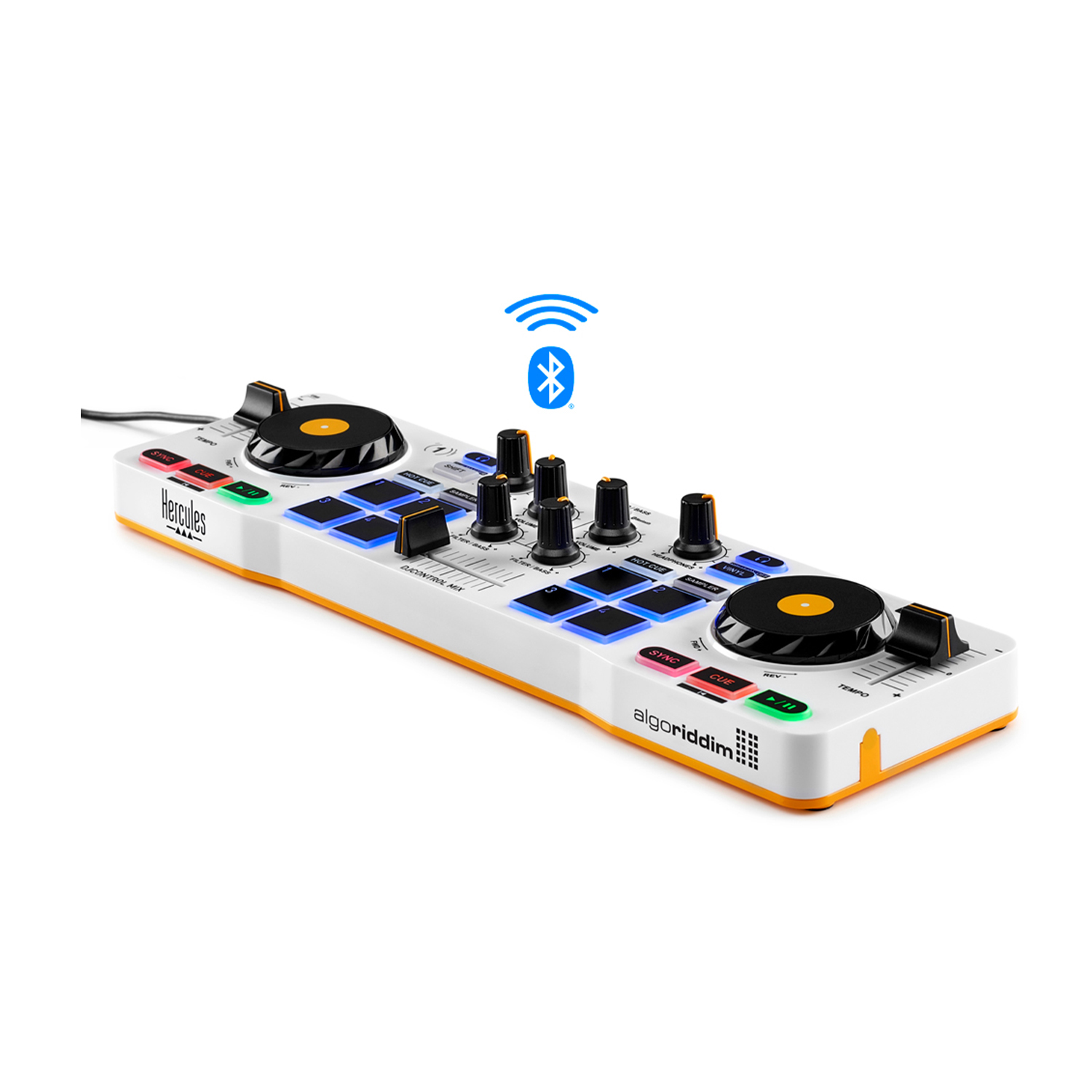 Controller DJ, bianco, con dettagli arancioni. Pulsanti, manopole e un'icona Bluetooth.