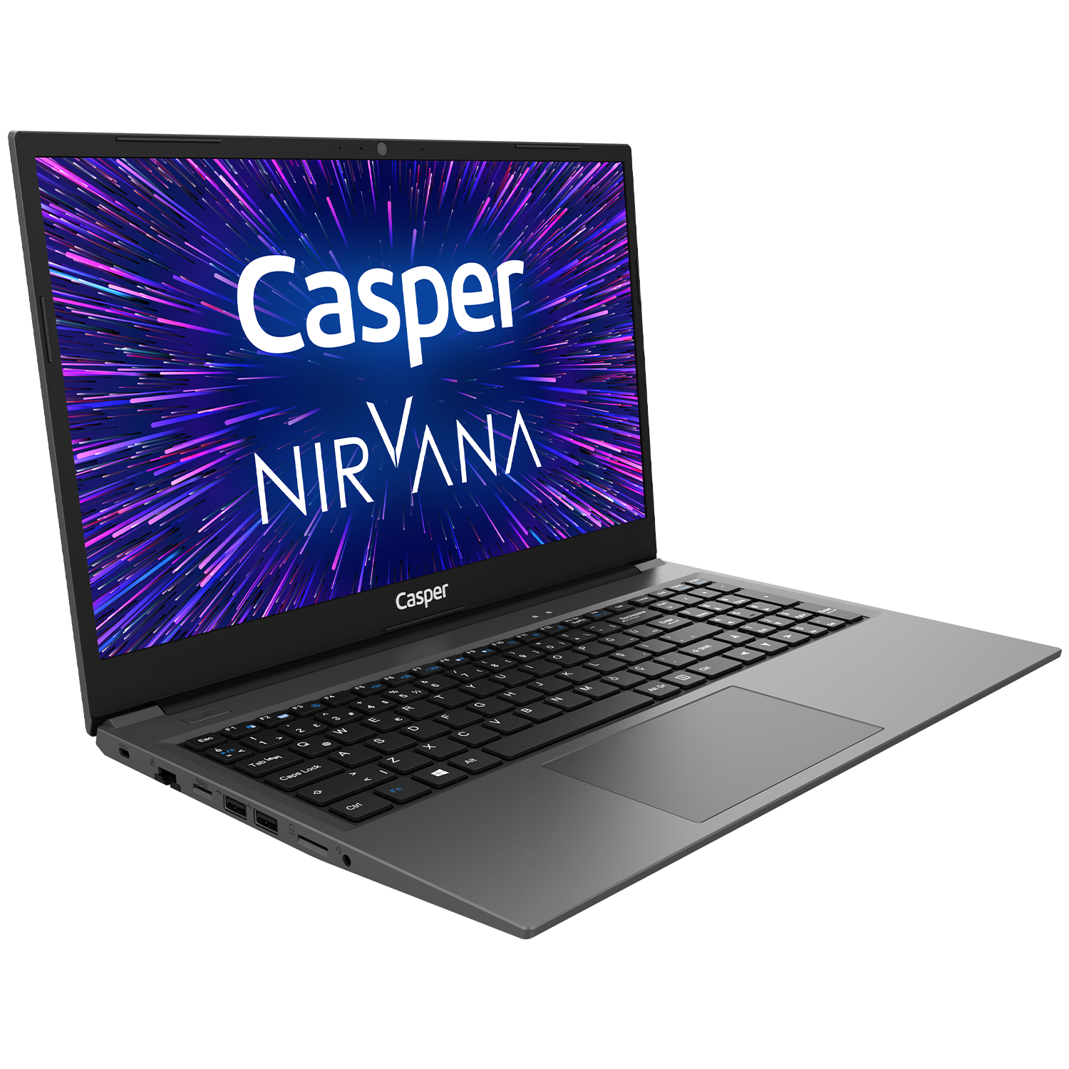 Koyu bir arka plan üzerinde renkli bir ekrana sahip bir Casper Nirvana dizüstü bilgisayar.