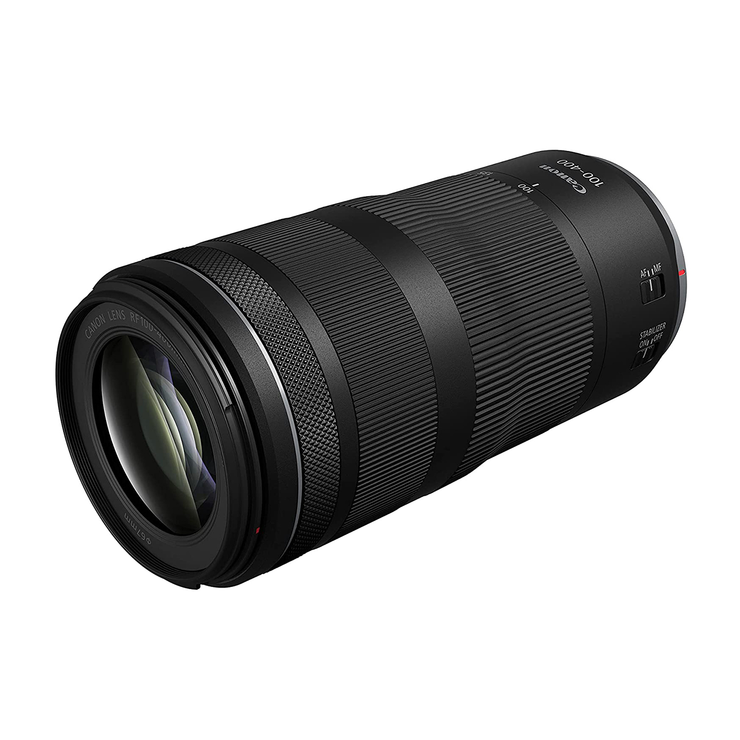 Obiettivo per fotocamera Canon nero con impugnatura a coste. Ghiera di messa a fuoco con specifiche bianche Canon e dell'obiettivo.