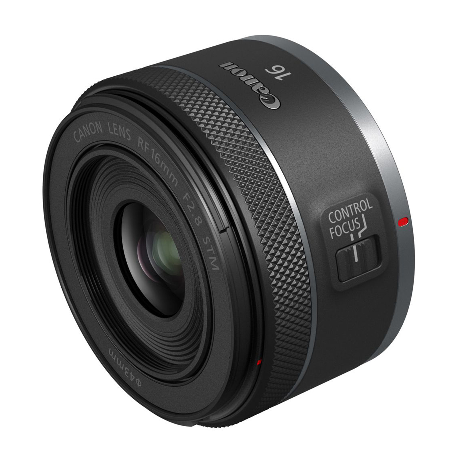 Obiettivo Canon RF 16mm nero con pulsanti di controllo e messa a fuoco, mostra l'obiettivo e il marchio.