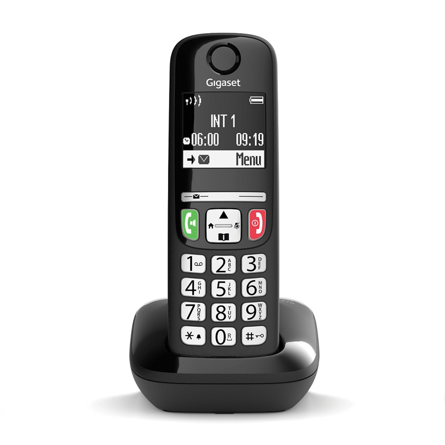 Telefono Gigaset nero con schermo che mostra l'ora e le opzioni del menu. Sfondo bianco.