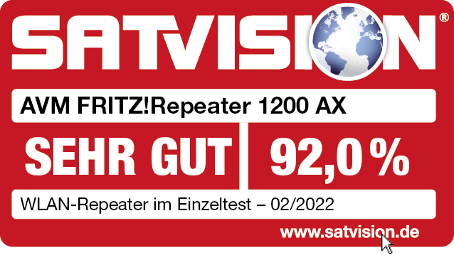 Rote und weiße Grafik mit SATVISION-Logo. Sie zeigt AVM FRITZ!Repeater 1200 AX, eine Bewertung von 92,0 % und 'SEHR GUT'.