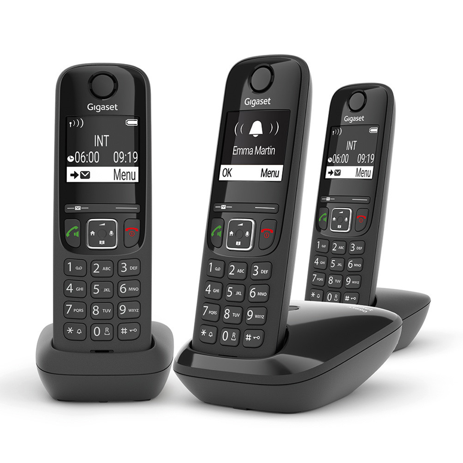 Tre telefoni cordless Gigaset neri.