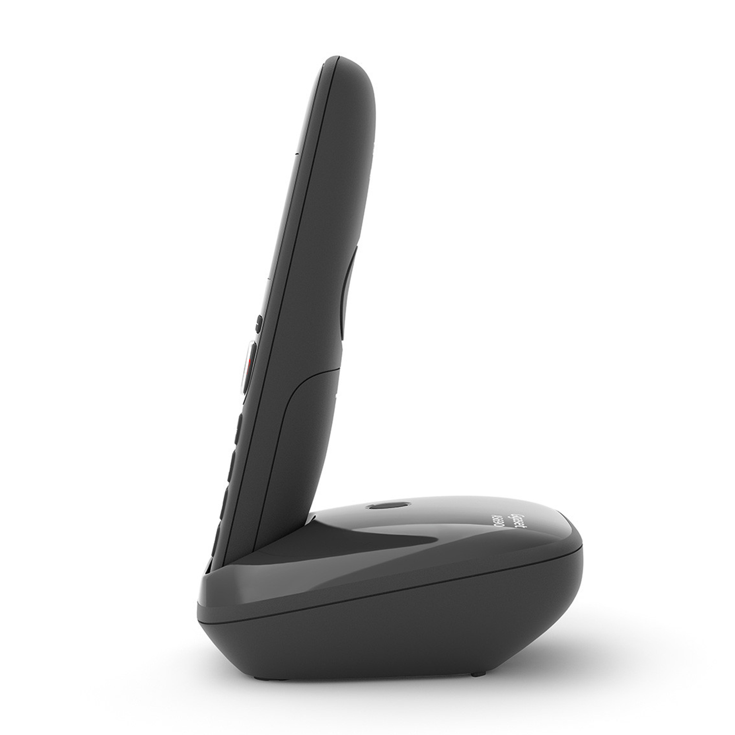 Base e portatile telefono cordless nero, su sfondo bianco.