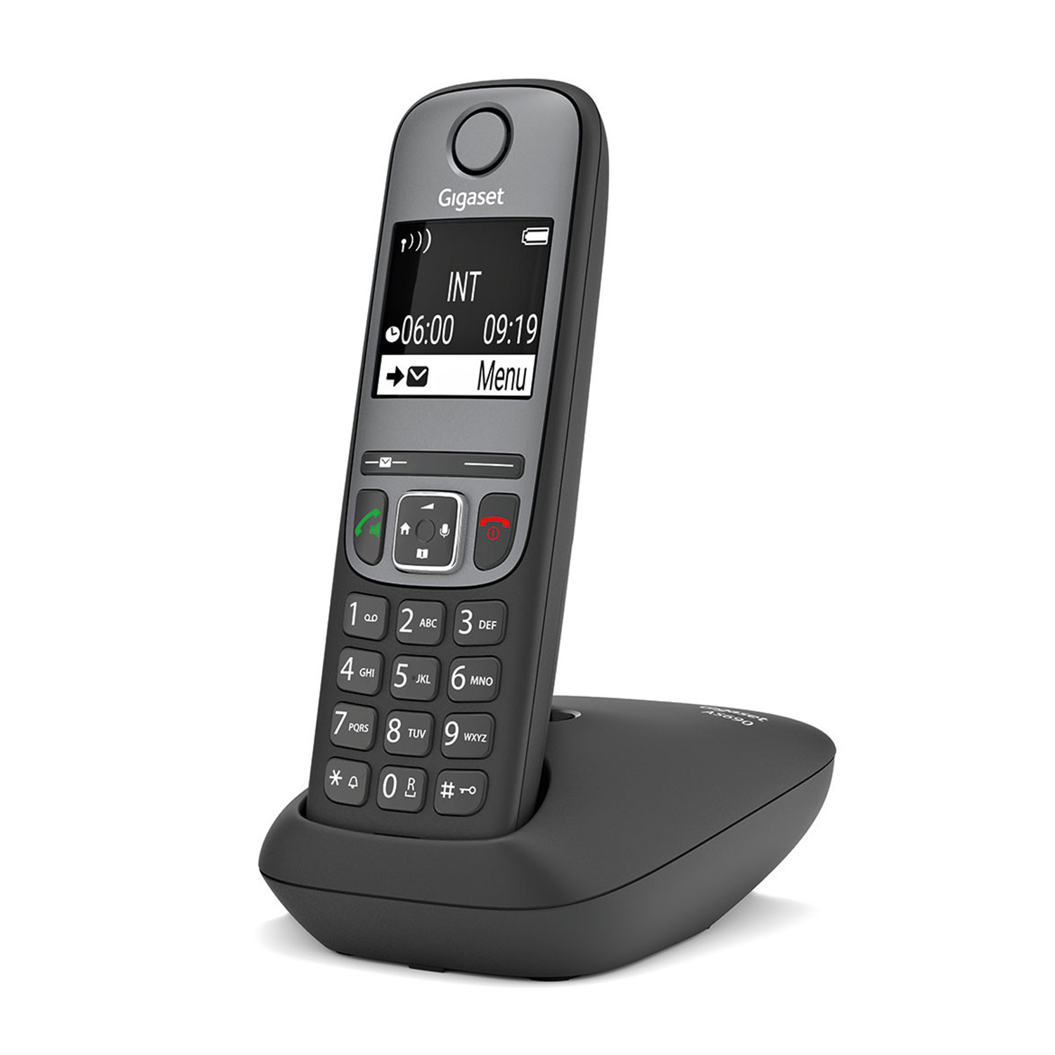 Un telefono cordless nero con display che mostra l'ora e le opzioni del menu.