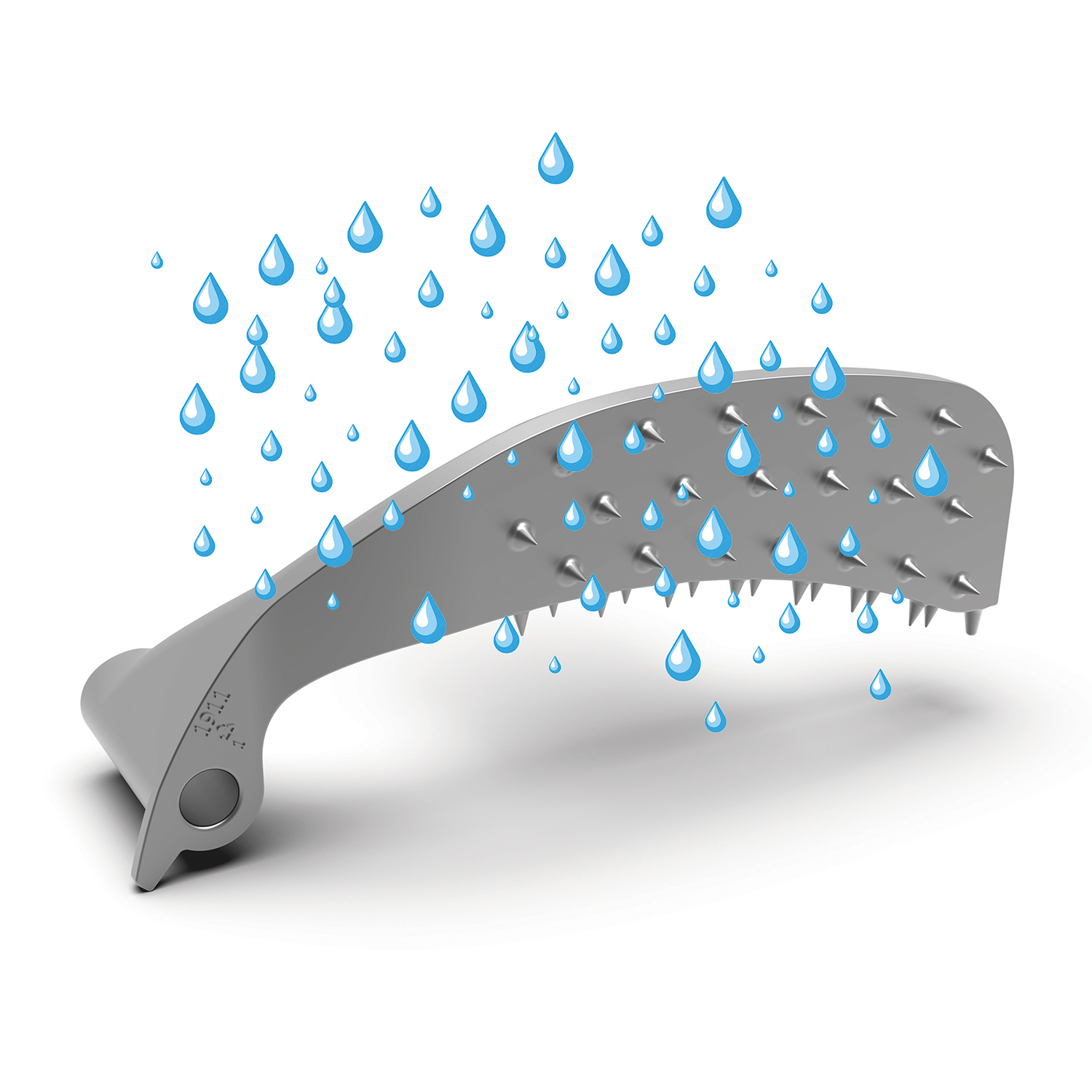 Soffione doccia argentato con gocce d'acqua che cadono su sfondo bianco.