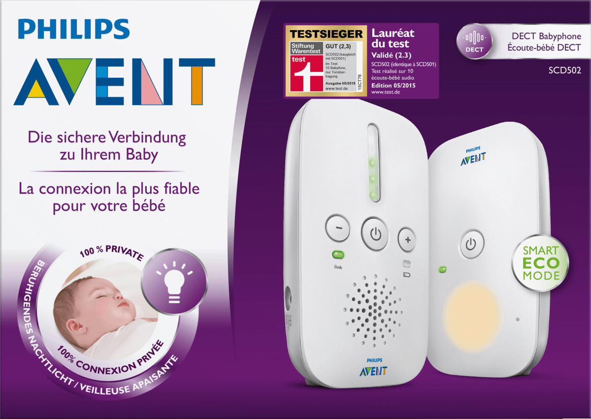 Egy Philips Avent bébifont látható, lila háttéren, két egységgel és szöveggel.