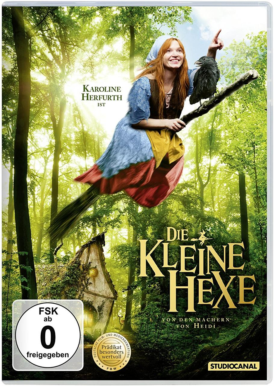 Eine Hexe mit einem Raben fliegt auf einem Besen durch einen Wald. Rechts steht der Filmtitel.