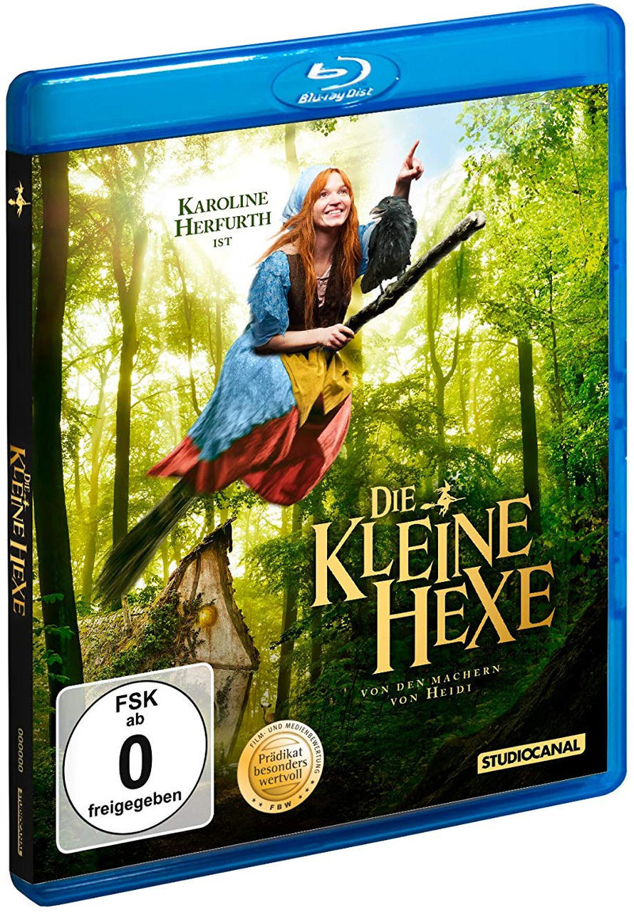 Eine Hexe mit rotem Haar fliegt auf einem Besen mit einem Raben durch einen Wald.