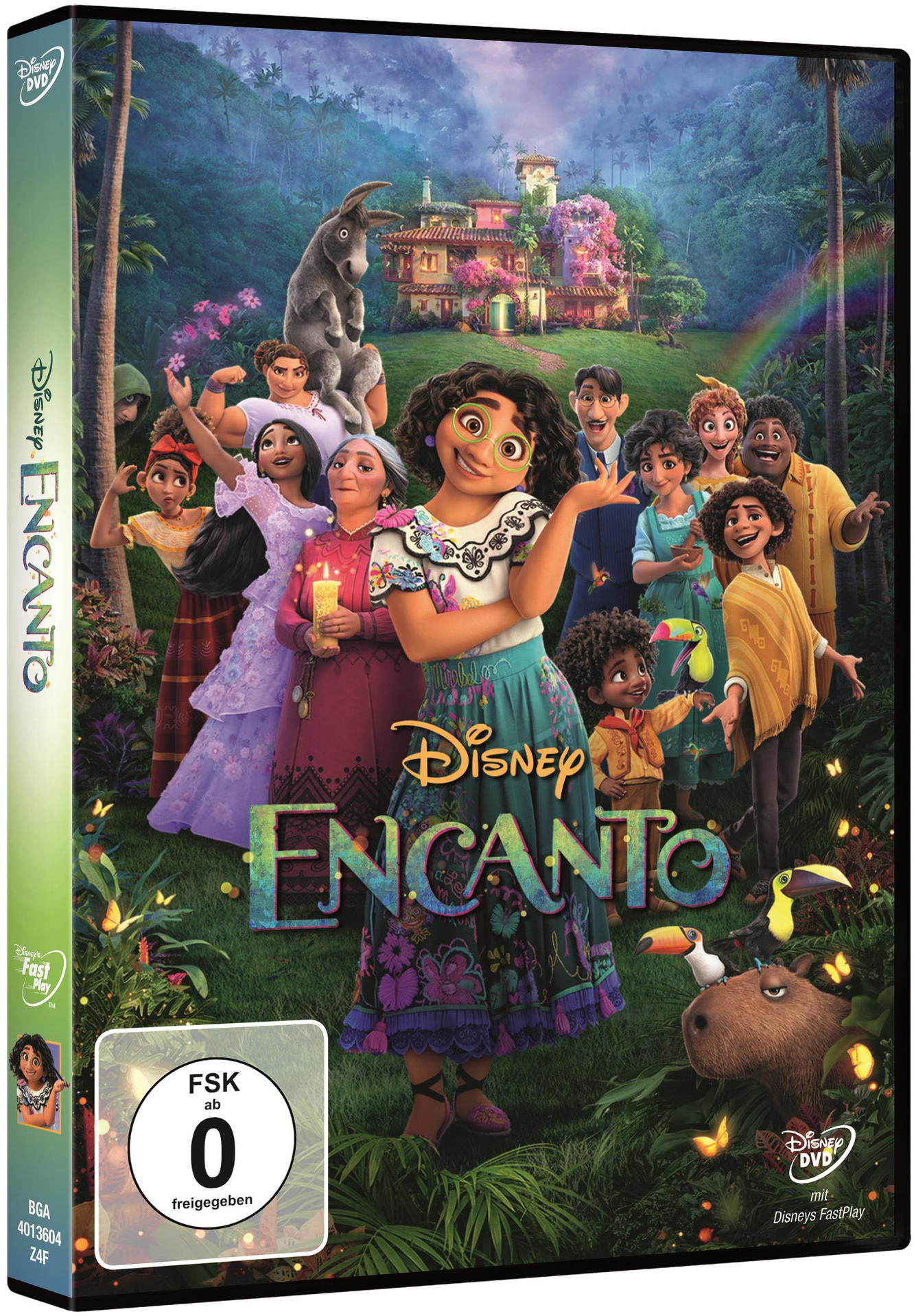 Die DVD-Hülle von Encanto mit verschiedenen Charakteren und einem farbenfrohen Hintergrund.