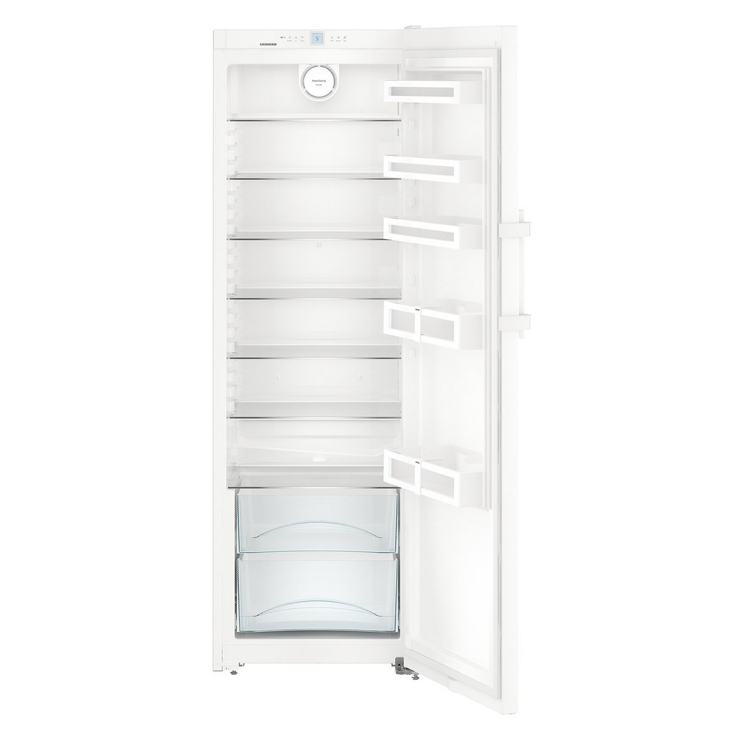 Refrigerador blanco con puerta abierta, mostrando estantes y cajones.