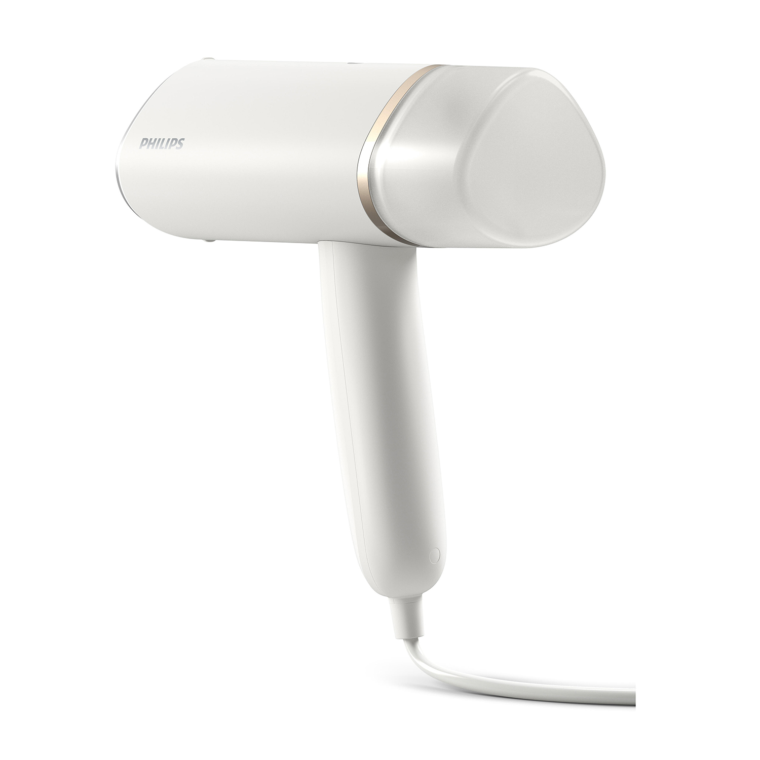 Vaporizzatore per indumenti bianco portatile con un lungo cavo bianco, su sfondo bianco.