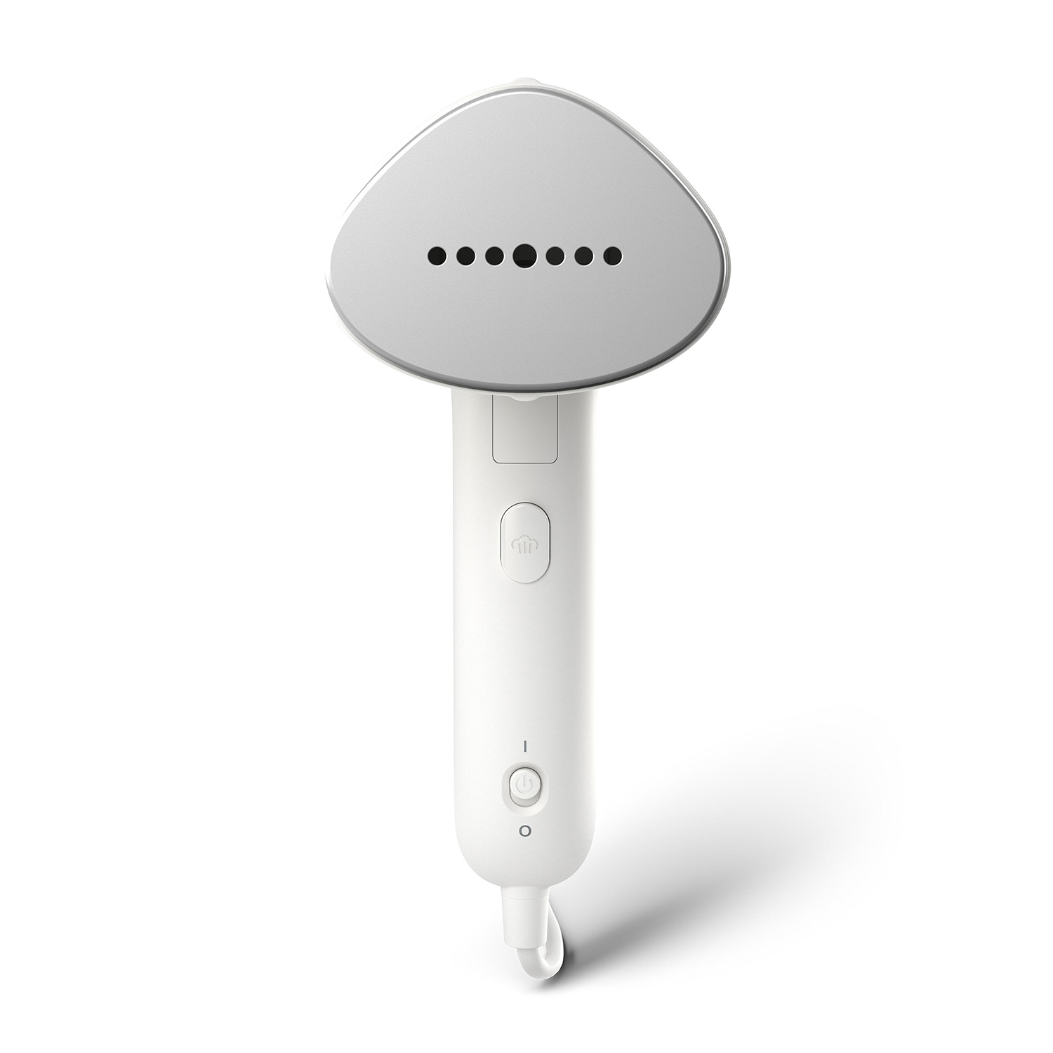 Vaporizzatore portatile bianco con uscite vapore. Sfondo bianco.