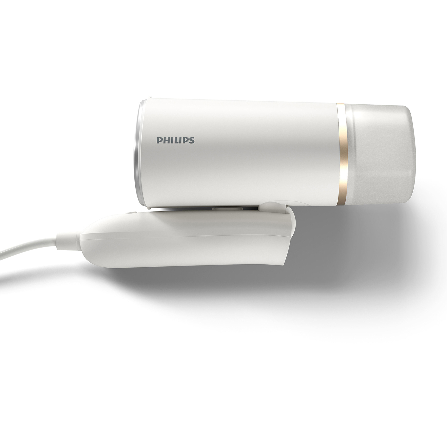 Un dispositivo Philips bianco su una superficie bianca con un cavo bianco.