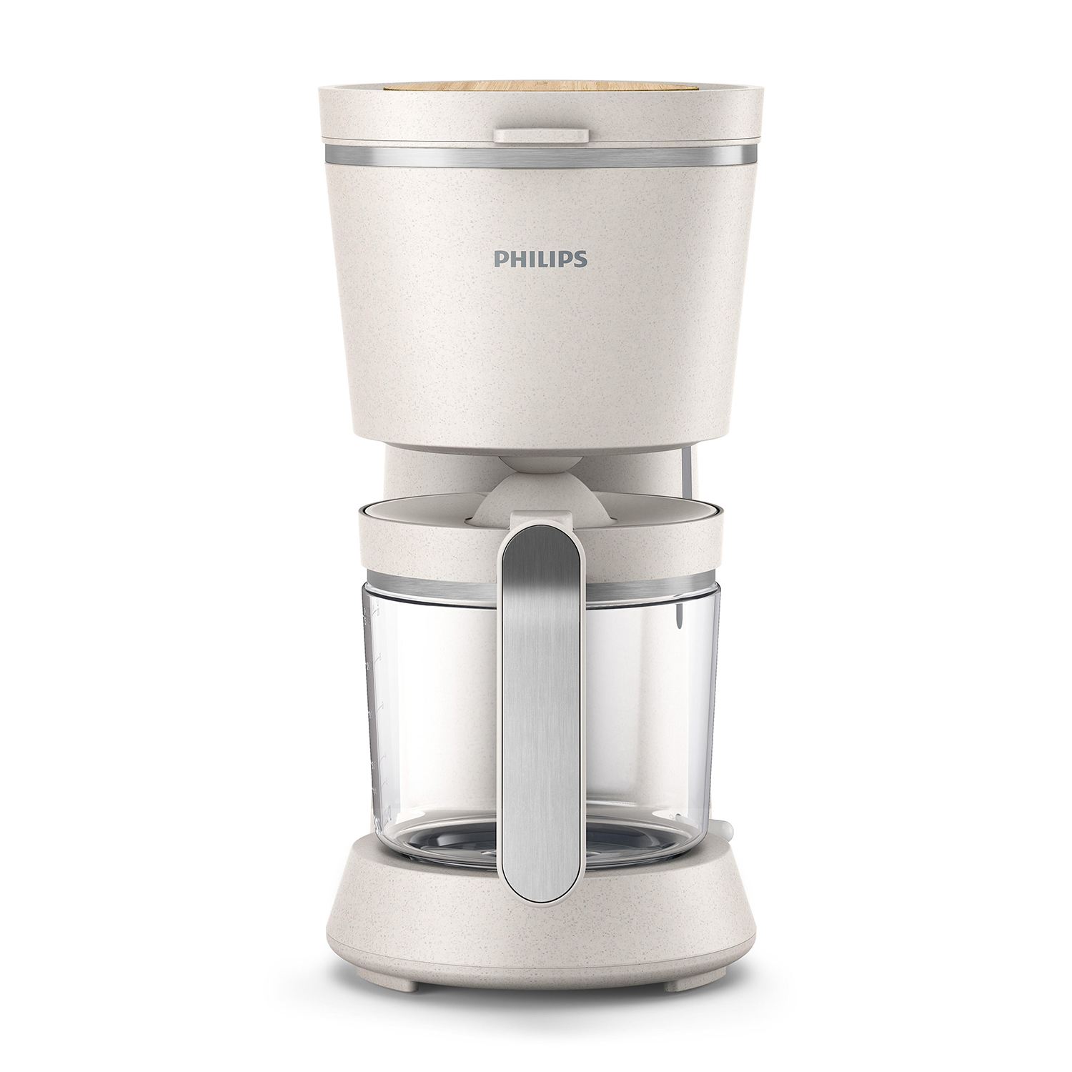 Una caffettiera Philips bianca con piano in legno e caraffa in vetro.