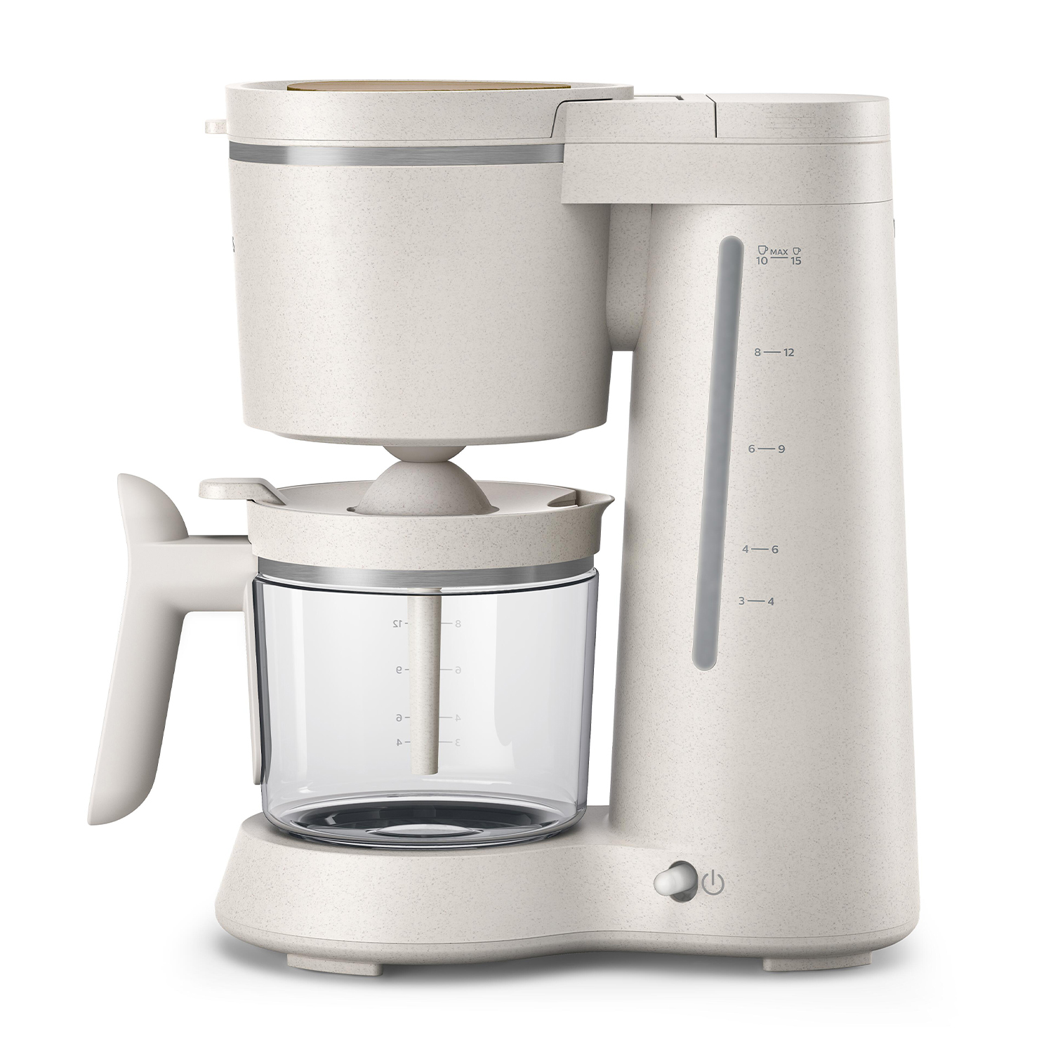 Caffettiera beige con caraffa trasparente. Sfondo bianco.