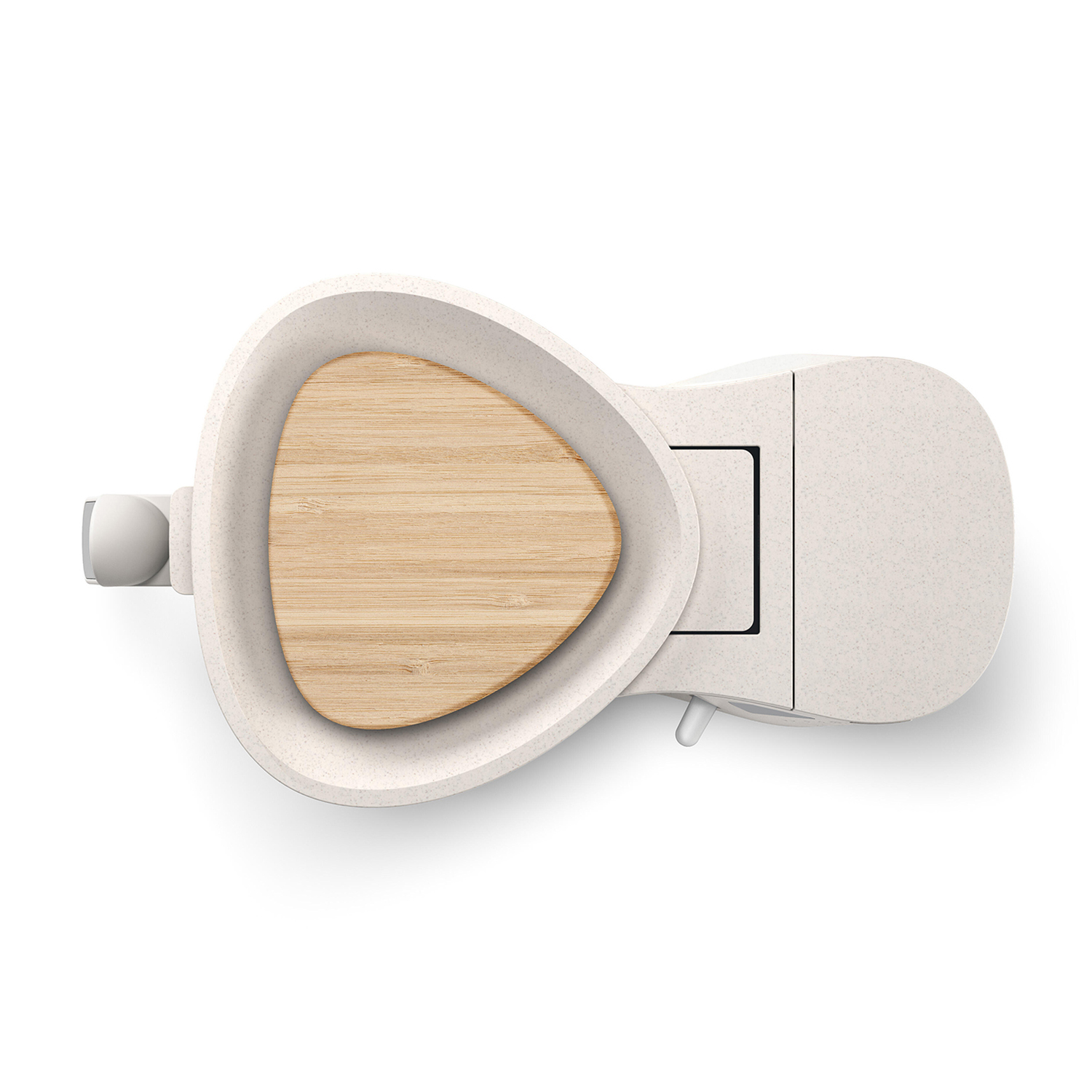 Vista dall'alto di un bidet bianco con sedile in legno, design moderno.