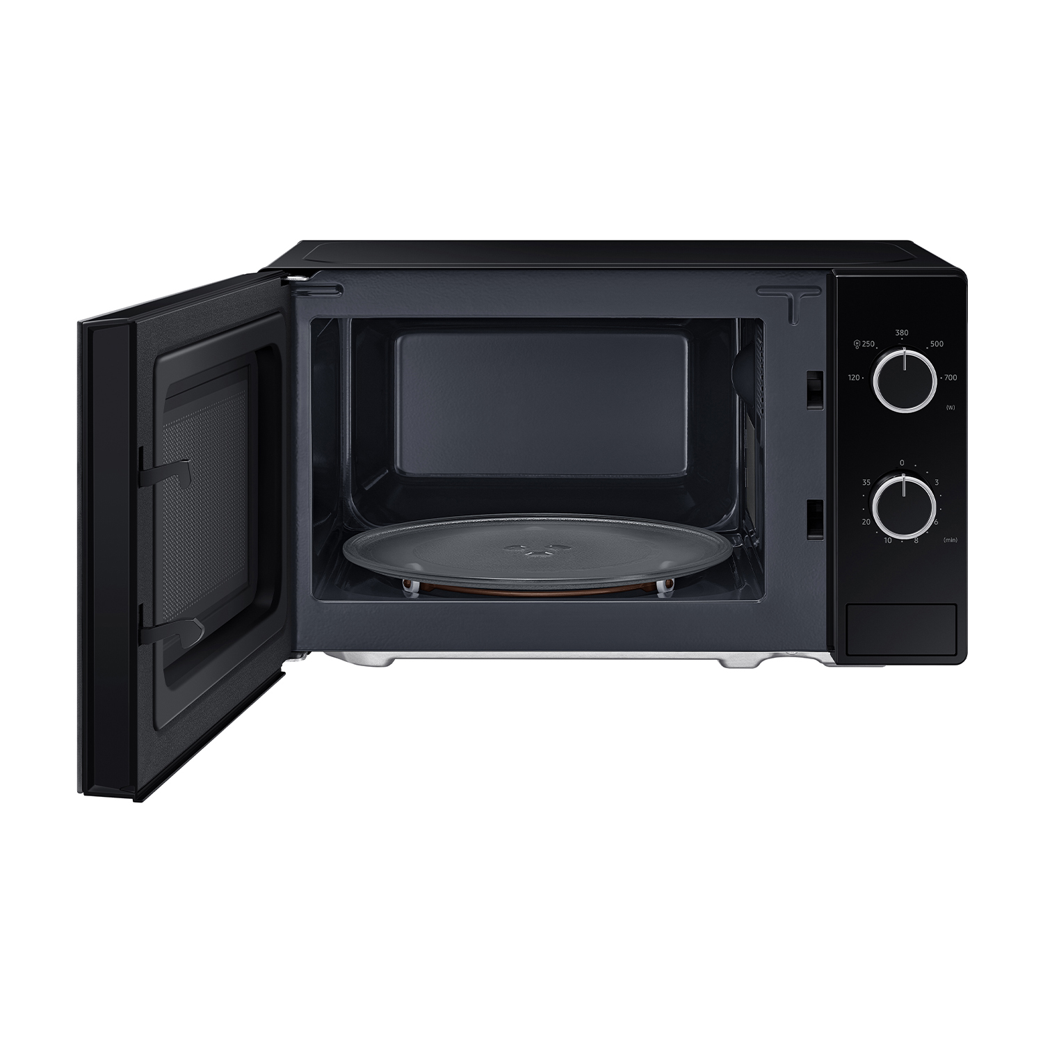 Forno a microonde nero con porta aperta, interno visibile, con piatto in vetro.