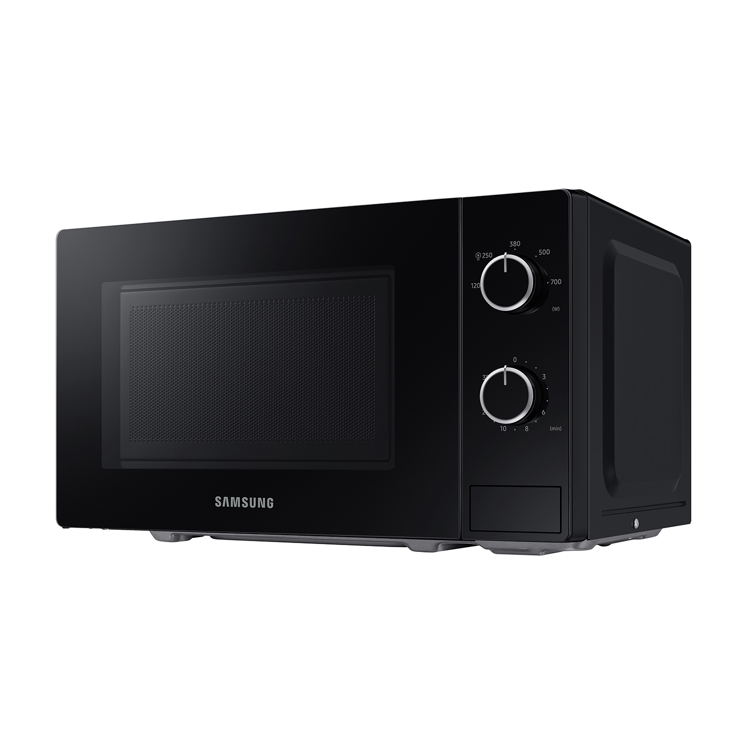 Forno a microonde nero con due manopole, un display digitale e il logo Samsung.