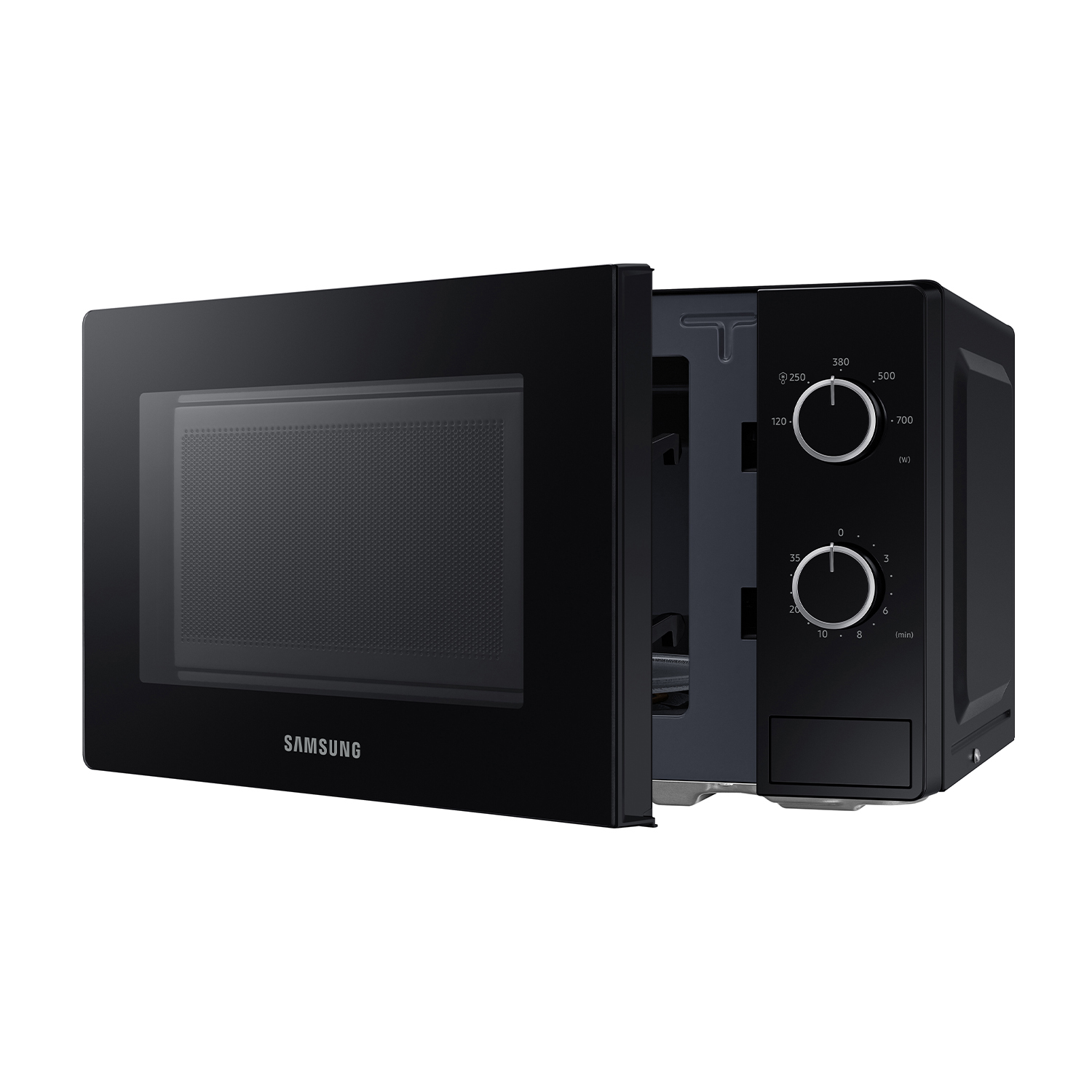 Forno a microonde nero con la porta aperta, controlli visibili.