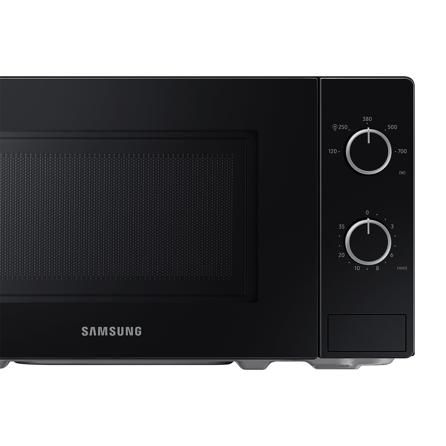 Un forno a microonde Samsung nero con manopole di controllo è mostrato. Lo sfondo è bianco.