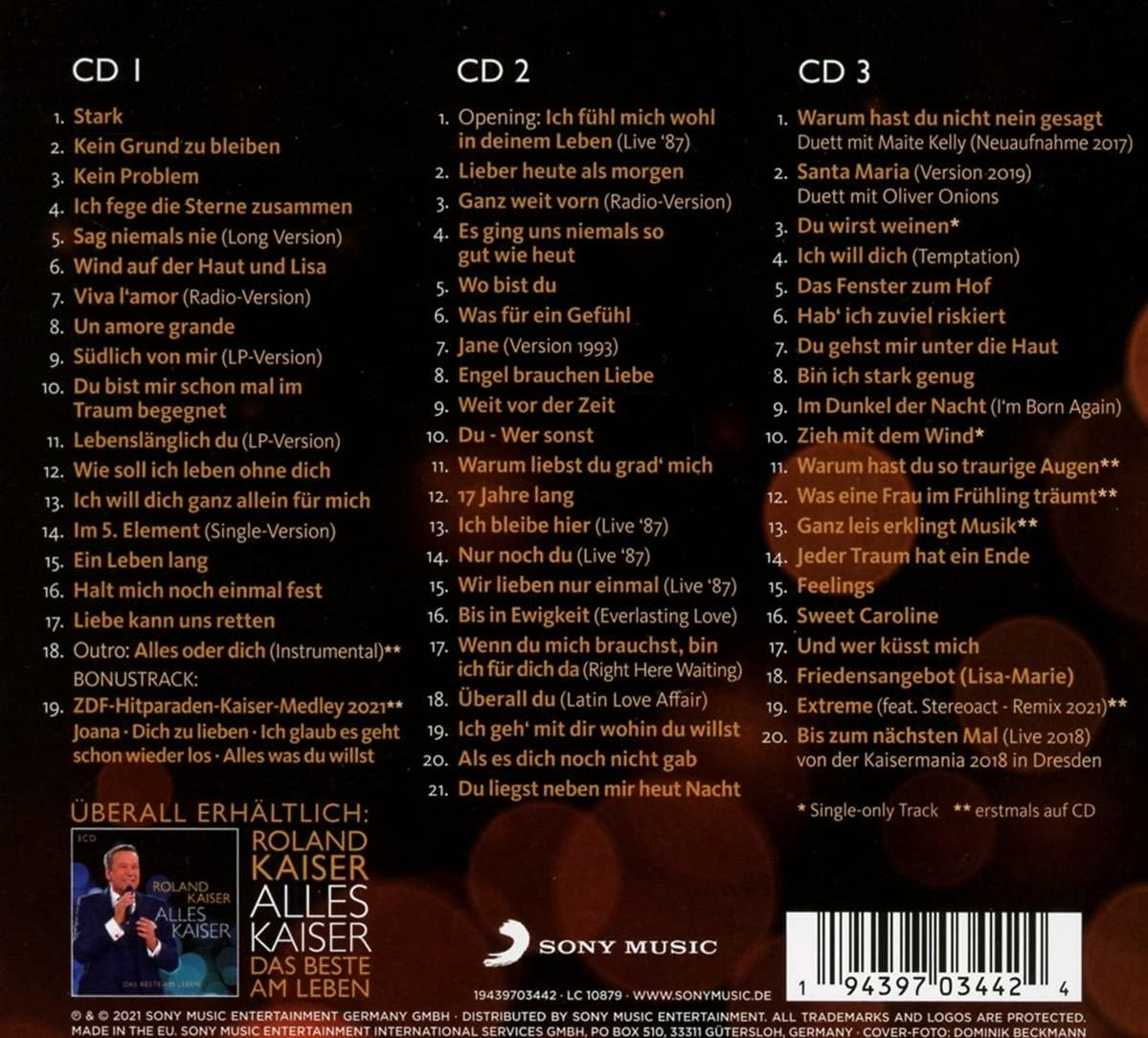 CD-Cover mit Text und Bild von Roland Kaiser, plus CD-Trackliste.
