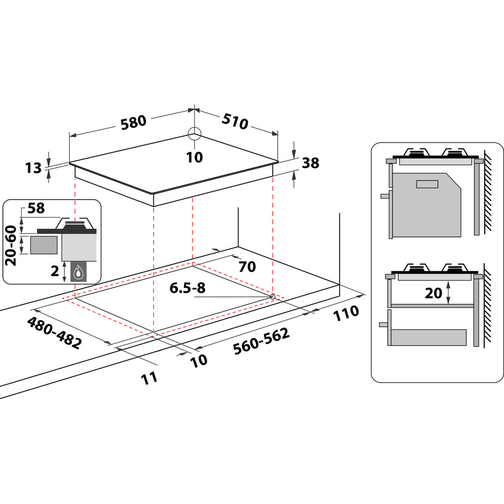 Főzőlap diagramja méretekkel és oldalnézeti illusztrációkkal.