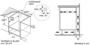 Diagram van de installatie van het apparaat met afmetingen in mm.