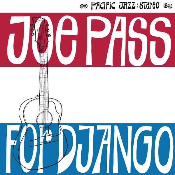 "Joe Pass For Django" albumborító, gitár illusztrációval és piros/kék csíkokkal.