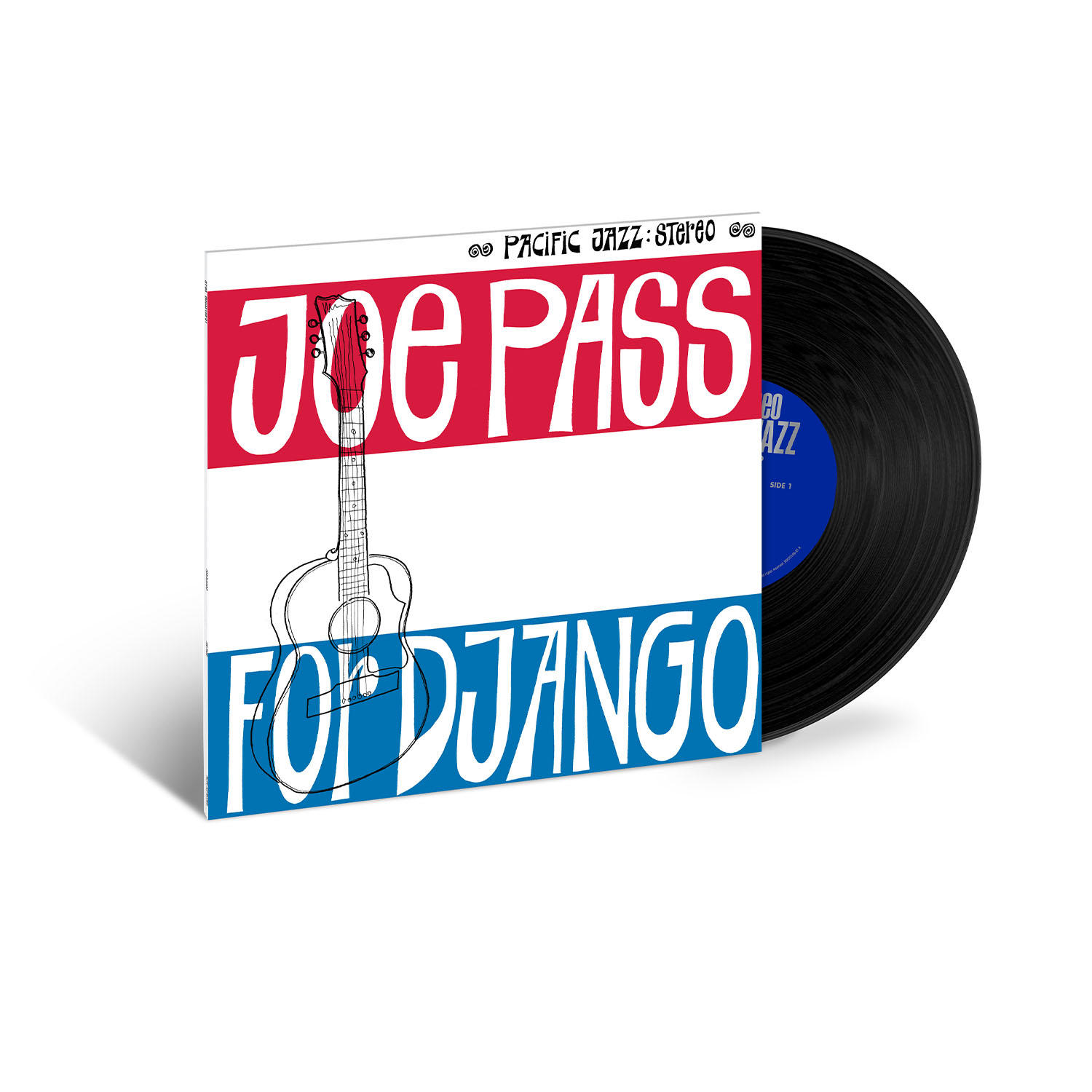 Vinil lemez piros, fehér és kék borítóval, gitár grafikával.