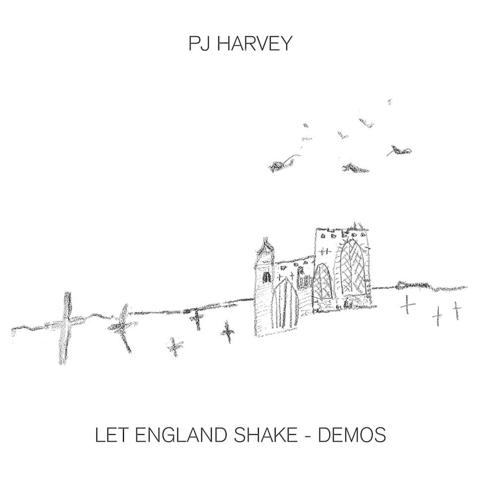 Egy templom és madarak rajza. A szöveg: 'PJ Harvey' és 'Let England Shake'.