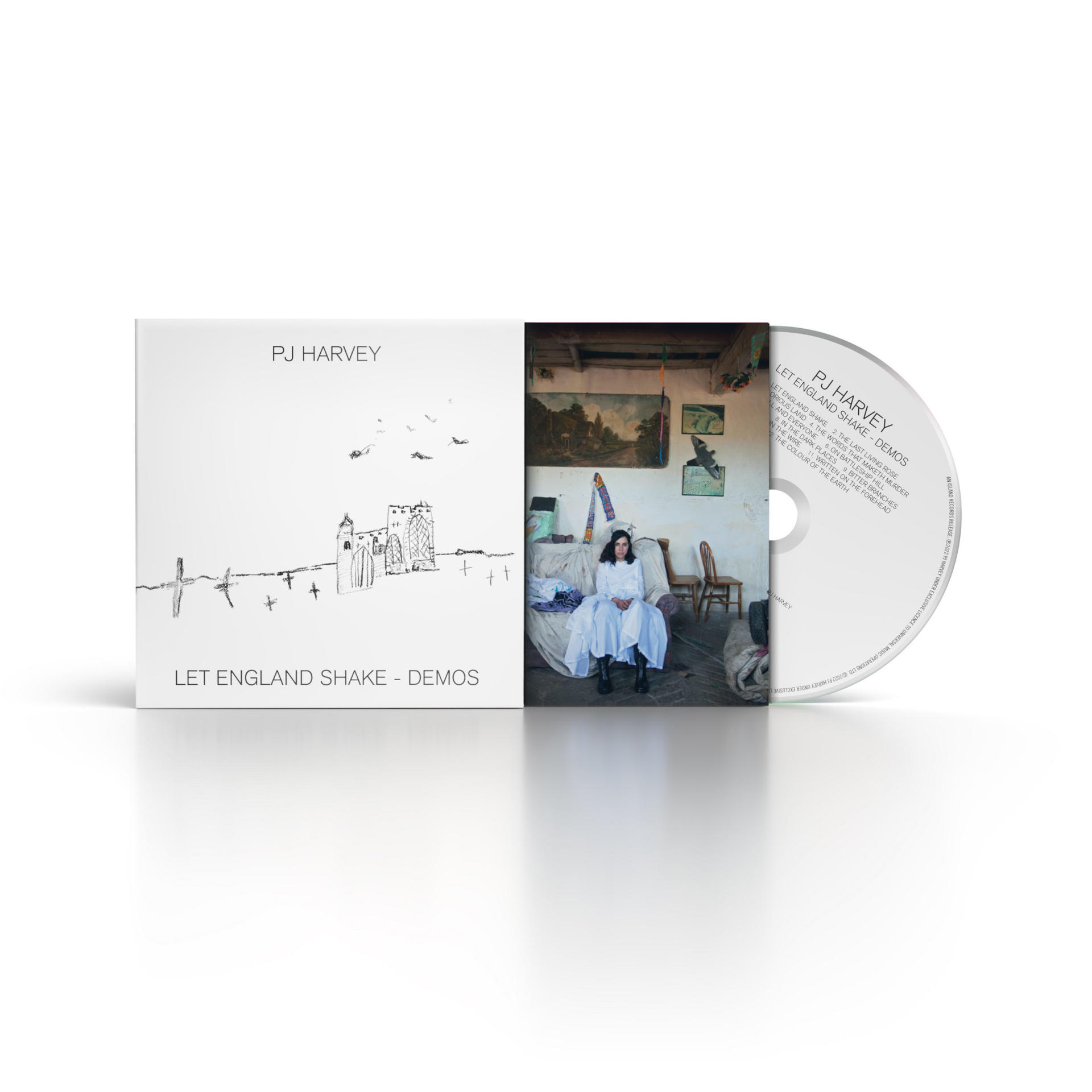 PJ Harvey CD albuma. Fehér borító műalkotással. A CD és a tok fehér felületen van. Demos.