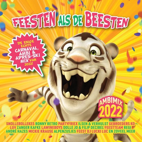Pochette d'album avec un tigre de dessin animé et du texte. Design coloré sur le thème de la fête.