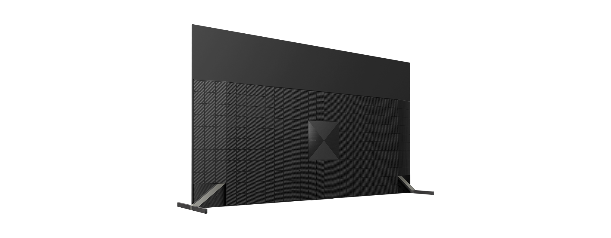Rückansicht eines großen schwarzen Fernsehers mit gitterförmiger Rückseite und silbernen Ständern.