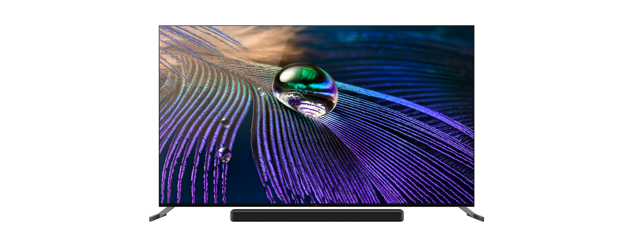 TV-Bildschirm mit Tropfen auf Feder, umgeben von dunklem Hintergrund.