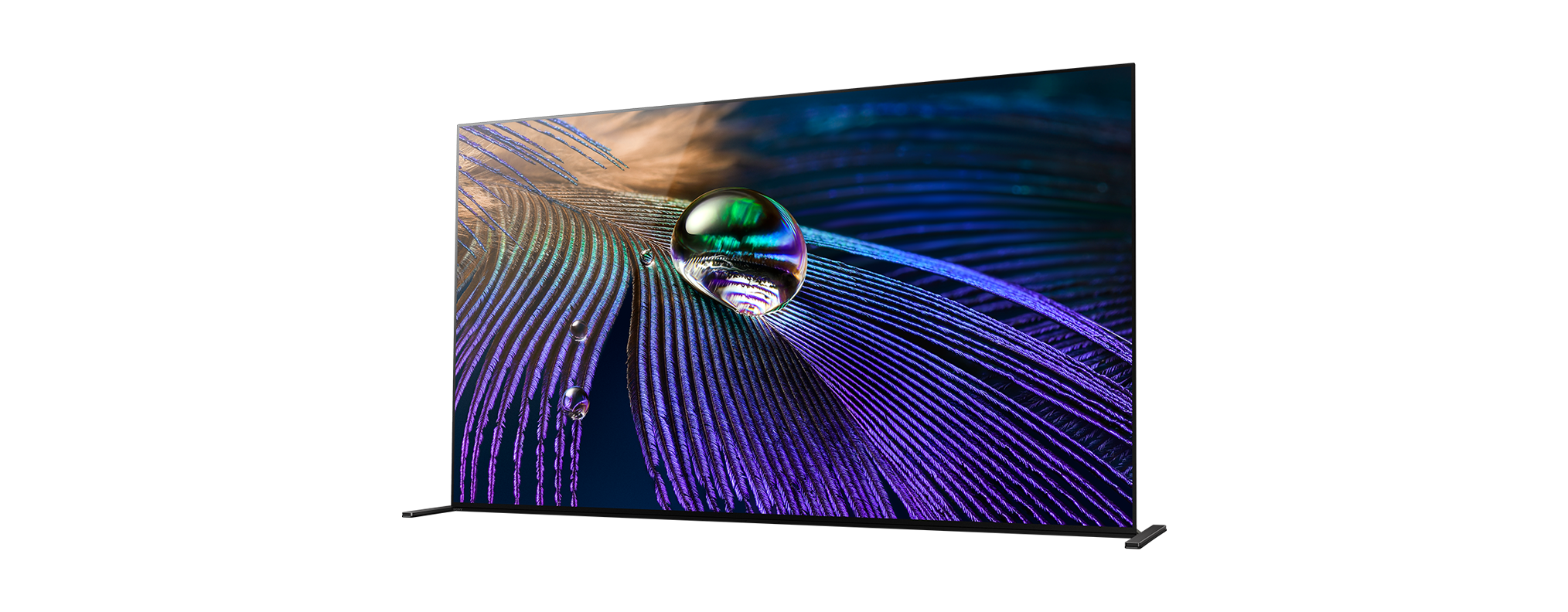 TV-Bildschirm mit Wassertropfen, der ein farbenfrohes Bild reflektiert, schwarzer Rahmen.