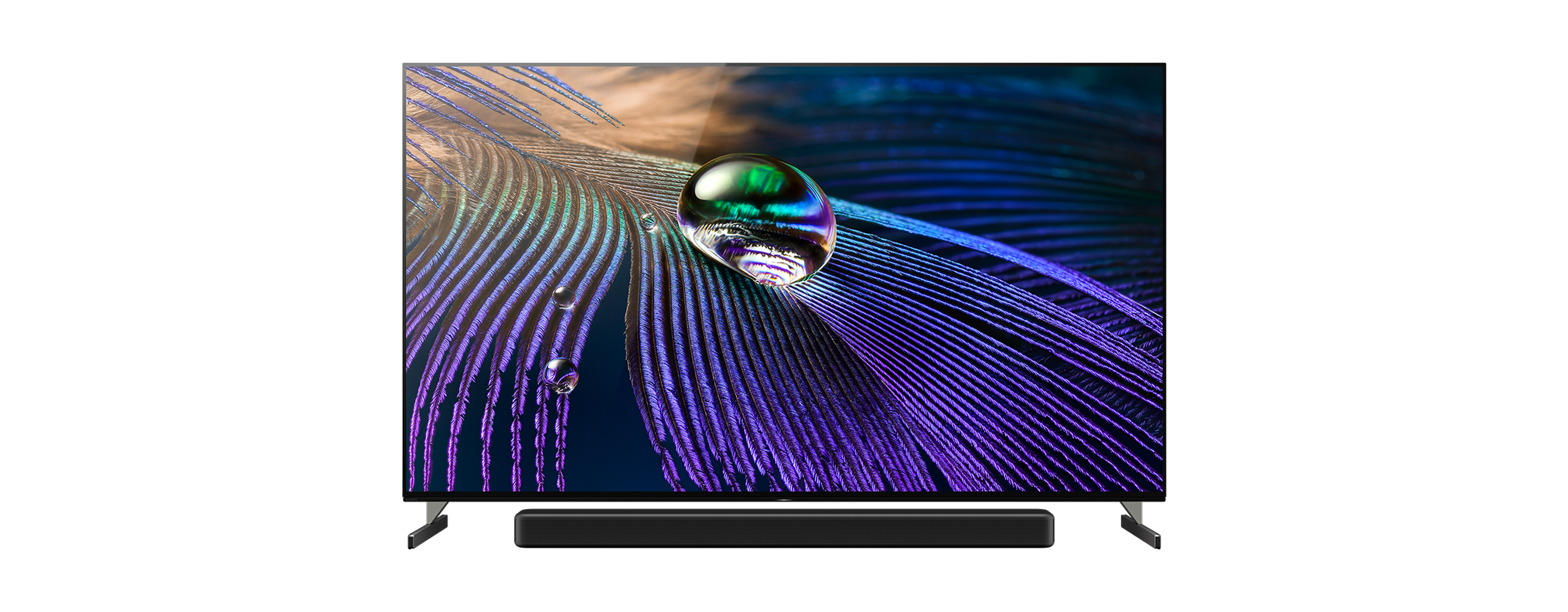 Ein Fernsehbildschirm mit Wassertropfeneffekt, darunter eine Soundbar auf schwarzem Hintergrund.